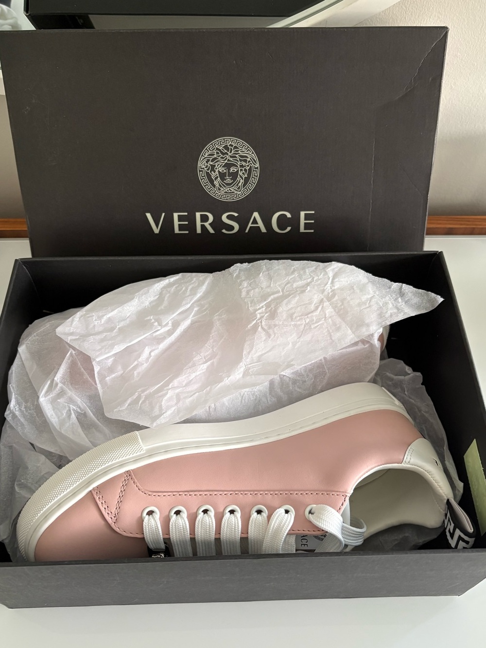 Versace Powder Blush Vitello Leather Signature Lace Sneakers